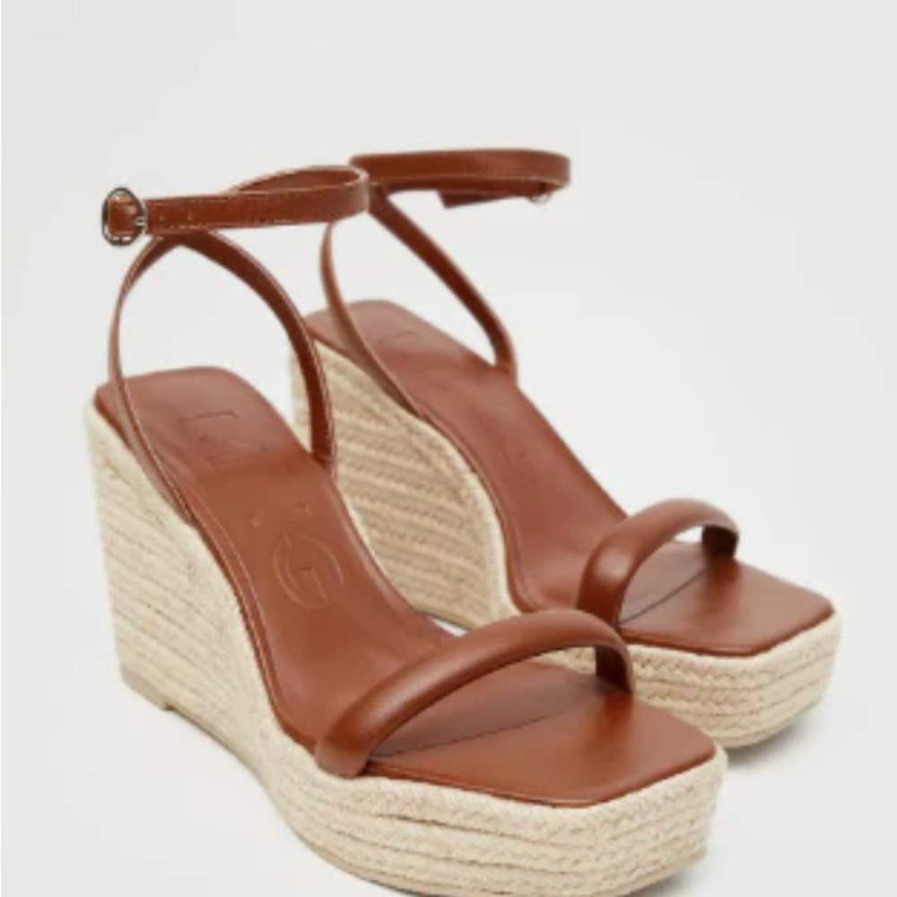 New Mango Brown Leather Wedge Sandals Size 7-7.5 EUR 38